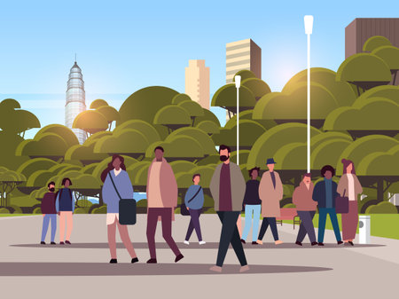 multi-ethnic people group walking outdoor mix race men women crowd spending time in urban park cityscape backgroundのイラスト素材