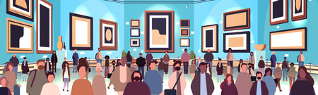 multi-ethnic people group mix race men women crowd in modern art gallery or museum horizontalのイラスト素材