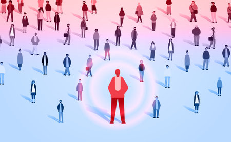 people group around red man silhouette creative person standing out from grey crowd think different infected personのイラスト素材