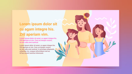 mother walking with her little daughters loving family parenthood childcare concept mothers day card templateのイラスト素材