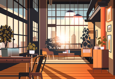 creative empty no people apartment modern loft interior of open space home office with furniture for corporate or freelance workのイラスト素材