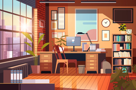 creative empty no people apartment modern loft interior of open space home office with furniture for corporate or freelance workのイラスト素材