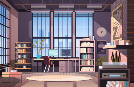 creative empty no people apartment modern loft interior of open space home office with furniture for corporate or freelance workのイラスト素材