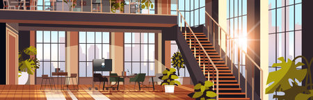creative empty no people apartment modern loft interior of open space home office with furniture for corporate or freelance workのイラスト素材