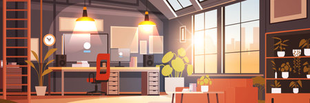 creative empty no people apartment modern loft interior of open space home office with furniture for corporate or freelance workのイラスト素材