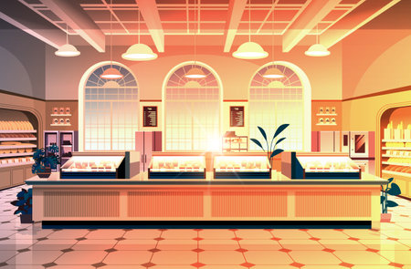 empty bakery interior shop showcase with fresh pastries sweets cakes and breadのイラスト素材