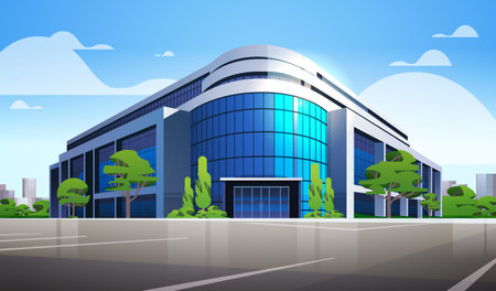 modern office building exterior commercial business center with large panoramic windows glass facade cityscapeのイラスト素材