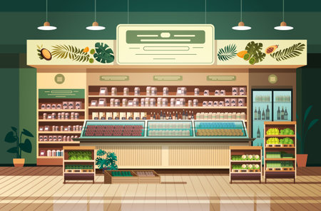 grocery supermarket with products shelves retail consumerism concept modern store interiorのイラスト素材