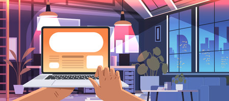 businessperson hands using laptop social media communication working process concept modern office interiorのイラスト素材