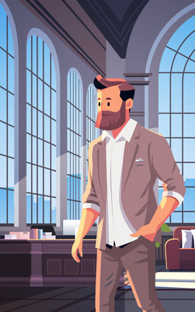casual businessman business center hall business man in formal wear standing in cabinet modern office interiorのイラスト素材
