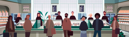 mix race people group standing in modern bakery with fresh pastries sweets cakes and bread...