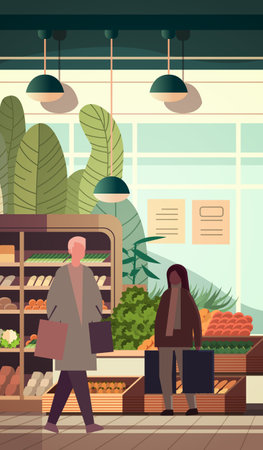 mix race people choosing food groceries in modern supermarket men women buying products in grocery shopのイラスト素材