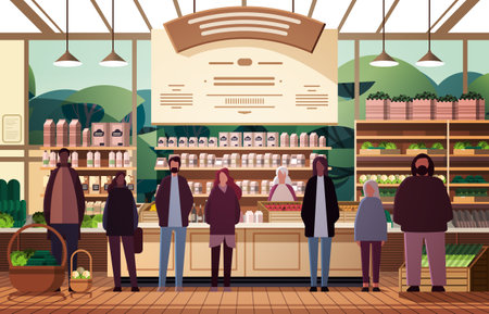 people group choosing food groceries in modern supermarket men women buying products in grocery shopのイラスト素材