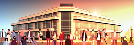 multiethnic people group standing near governmental building mix race men women crowd walking city streetのイラスト素材