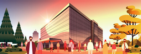 multiethnic people group standing near governmental building mix race men women crowd walking city street cityscapeのイラスト素材