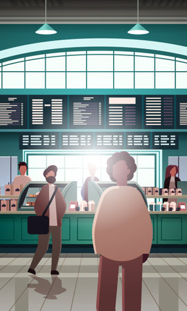 mix race people standing in modern cafe or bakery with fresh pastries sweets cakes and bread verticalのイラスト素材