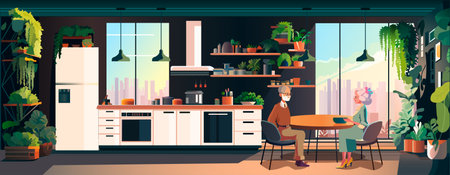 senior couple discussing during meeting aged grandparents sitting at table happy family concept modern kitchen interior horizontalのイラスト素材