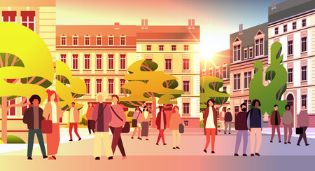 multiethnic people group walking outdoor mix race men women citizens crowd going along city streetのイラスト素材