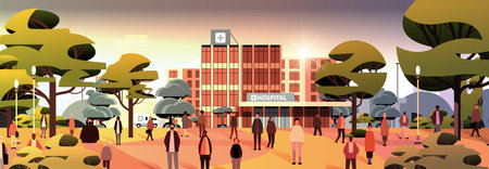 multiethnic people group standing near hospital building mix race men women crowd walking outdoor medicine healthcareのイラスト素材