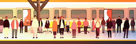 multiethnic people group standing on railway station mix race men women waiting train on platform public transportのイラスト素材