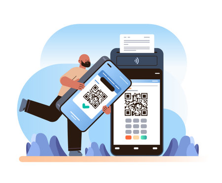 man customer or shopper using mobile app with qr code and pos-terminal to make a payment on smartphone online shopping concept horizontal vector illustrationのイラスト素材