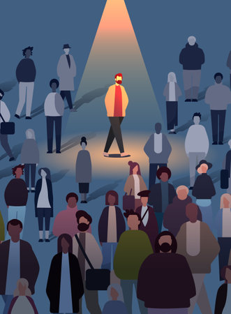 people group near spotlight businessman leader silhouette creative person standing out from grey crowd think differentのイラスト素材