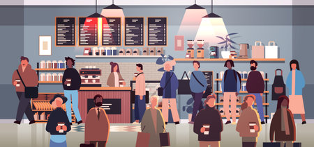 multiethnic businesspeople group in cafe during coffee break mix race men women workers in modern cafeteriaのイラスト素材