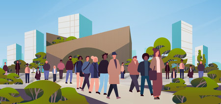 multiethnic people group walking outdoor mix race men women citizens crowd going along city streetのイラスト素材