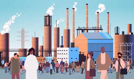 multiethnic people group walking outdoor mix race men women citizens crowd going along power plant factory buildingsのイラスト素材