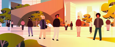 multiethnic people group walking outdoor mix race men women citizens crowd going along city streetのイラスト素材