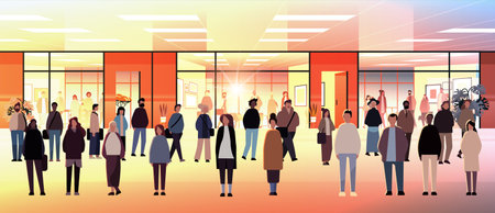 multiethnic businesspeople group mix race men women workers crowd standing in modern office horizontalのイラスト素材