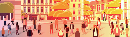 multiethnic people group walking outdoor mix race men women crowd spending time in urban parkのイラスト素材