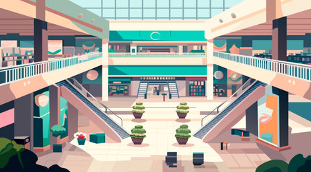 modern retail store with many shops empty no people shopping mall interior horizontalのイラスト素材