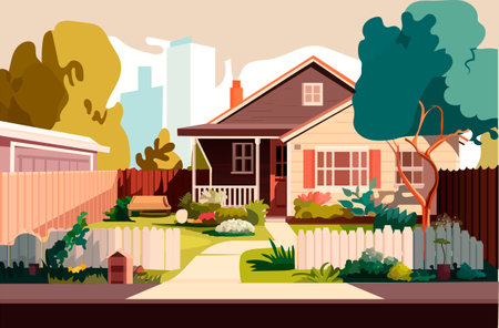cottage house exterior with backyard real estate in suburb landscape background flat horizontalのイラスト素材