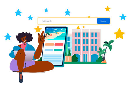 woman tourist with baggage using mobile app searching and booking hotels online summer vacation holiday time to travelのイラスト素材