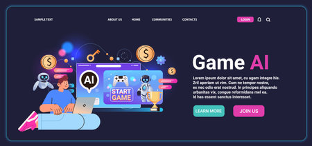 man playing computer video games with ai helper bot game artificial intelligence technology conceptのイラスト素材