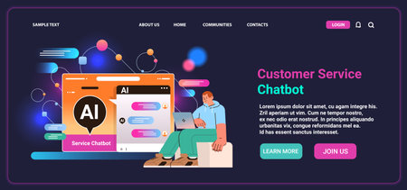 man having dialog with chat bot asking questions and receiving answers ai chatbot assistance customer serviceのイラスト素材