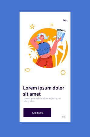 young woman tourist holding tickets summer vacation holiday time to travel concept portrait verticalのイラスト素材