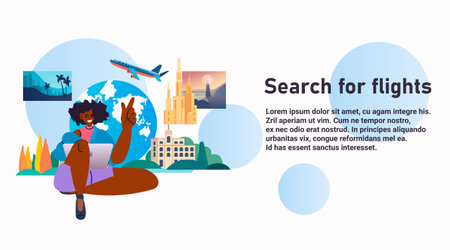 young woman using laptop search for flights summer vacation holiday time to travel conceptのイラスト素材