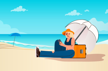 woman traveler using smartphone on tropical beach summer vacation holiday time to travel conceptのイラスト素材
