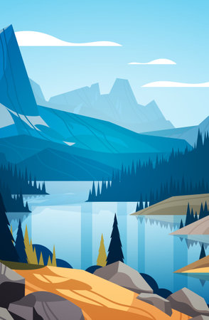 panoramic view of lake in mountains raging mountain river beautiful nature landscape background summer vacation travelingのイラスト素材