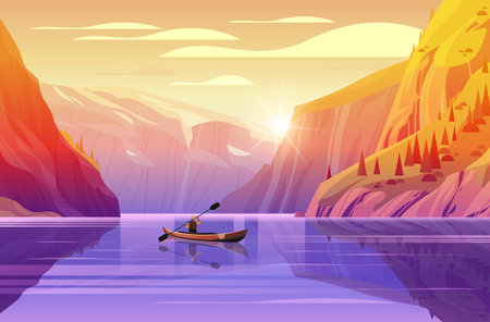man tourist traveling in boat along mountain river beautiful scenery nature sunset landscape background active summer vacation conceptのイラスト素材