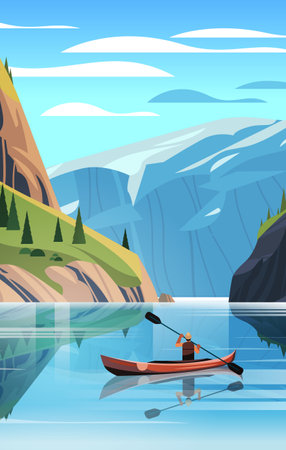 man tourist traveling in boat along mountain river beautiful scenery nature landscape background active summer vacationのイラスト素材