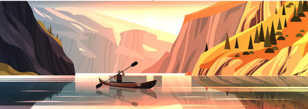 man tourist traveling in boat along mountain river beautiful scenery nature landscape background active summer vacation conceptのイラスト素材