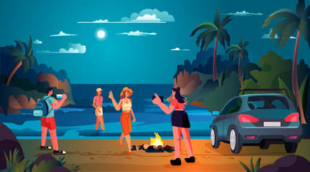 people making photo near campfire summer vacation concept seascape background horizontalのイラスト素材