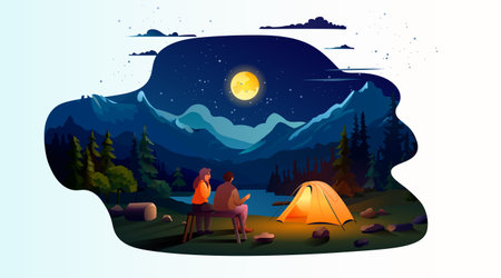 couple sitting near tent camping area night campsite summer camp travel vacation conceptのイラスト素材