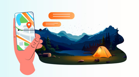 human hand using navigation map on smartphone screen tent camping area night campsite summer vacation conceptのイラスト素材