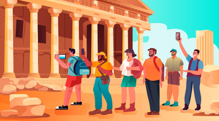 tourists taking photo in front of landmarks in travel journey on holidays vacation people in summer tour conceptのイラスト素材