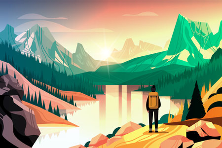 rear view of tourist with backpack travels along mountains and enjoying the view over beautiful nature landscape travelling hikingのイラスト素材