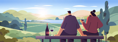 couple drinking wine enjoying landscape view of with clear river mountain ridge green meadow shores nature tourism travel adventureのイラスト素材